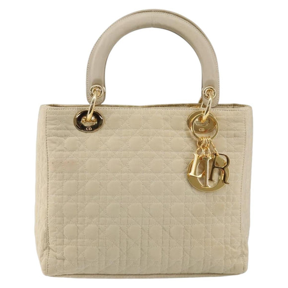 Christian Dior Canage Lady Dior Hand Bag Nylon Beige Gold Auth 142896