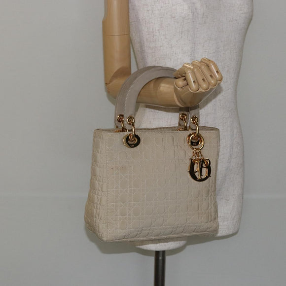 Christian Dior Canage Lady Dior Hand Bag Nylon Beige Gold Auth 142896