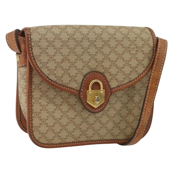 CELINE Macadam Canvas Shoulder Bag PVC Beige Gold Auth 142901