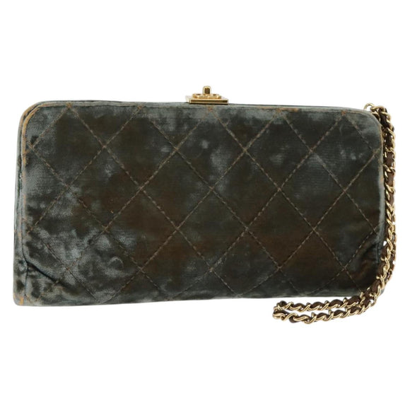 CHANEL Matelasse Clutch Bag Velor Green Gold CC Auth 142939