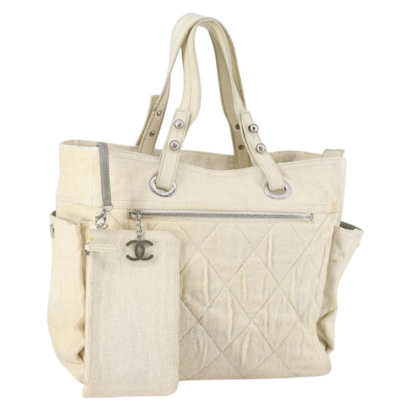 CHANEL Paris Biarritz GM Tote Bag Coated Canvas White Silver CC Auth 142940