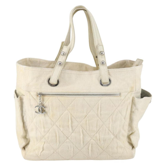 CHANEL Paris Biarritz GM Tote Bag Coated Canvas White Silver CC Auth 142940