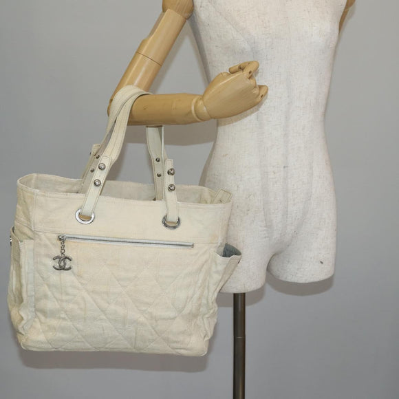 CHANEL Paris Biarritz GM Tote Bag Coated Canvas White Silver CC Auth 142940