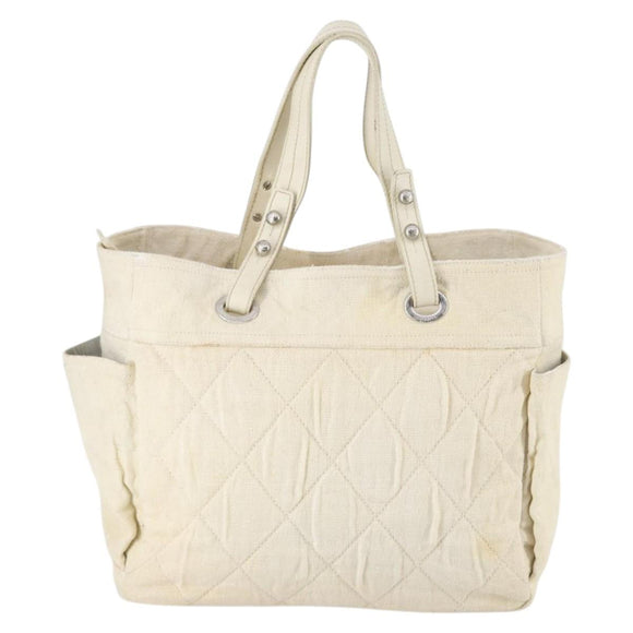 CHANEL Paris Biarritz GM Tote Bag Coated Canvas White Silver CC Auth 142940