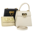 Salvatore Ferragamo Gancini Vala Bag Leather 3Set Beige Black white Auth 142965-1