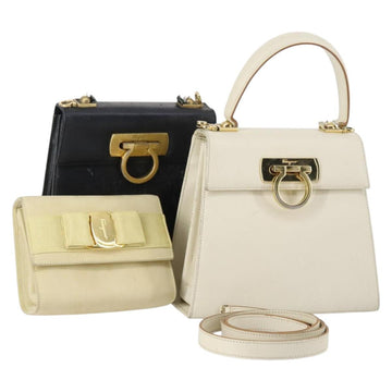 Salvatore Ferragamo Gancini Vala Bag Leather 3Set Beige Black white Auth 142965