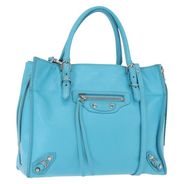 BALENCIAGA Paper Mini Hand Bag Leather 2way Light Blue Silver 357333 Auth 142977