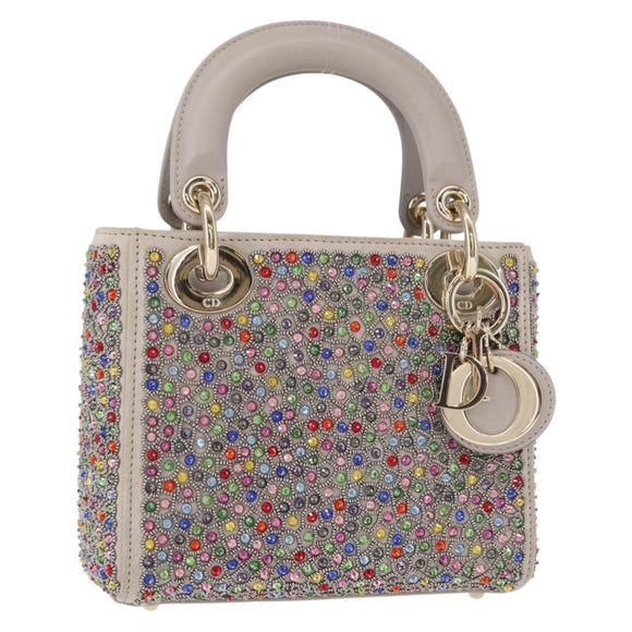 Christian Dior Lady Dior Beads Hand Bag Leather Multicolor Gold Auth 142981SM