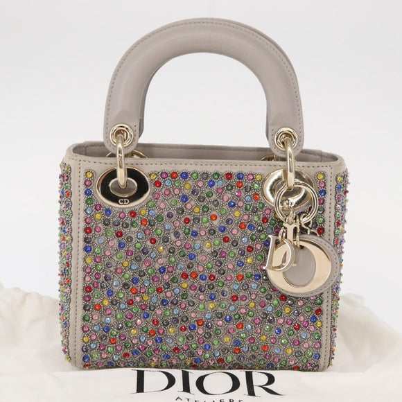 Christian Dior Lady Dior Beads Hand Bag Leather Multicolor Gold Auth 142981SM