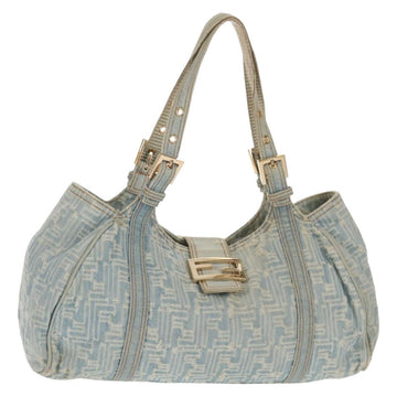 FENDI Zucchino Canvas Mamma Baguette Shoulder Bag Light Blue Gold Auth 142982