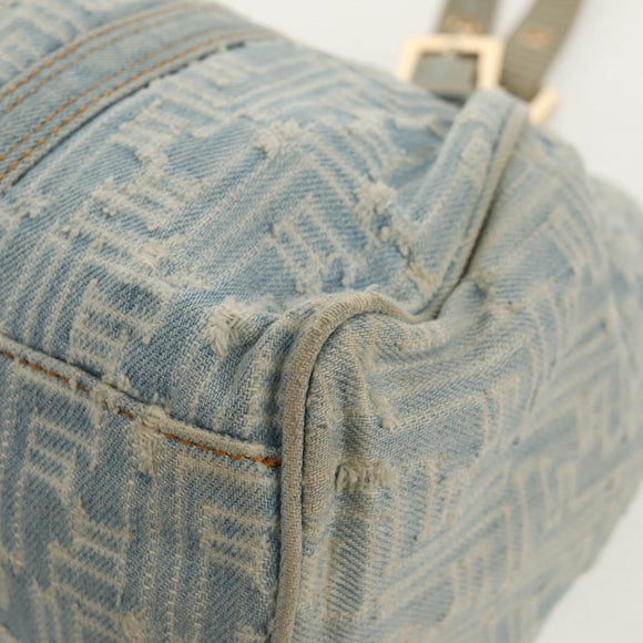 FENDI Zucchino Canvas Mamma Baguette Shoulder Bag Light Blue Gold Auth 142982