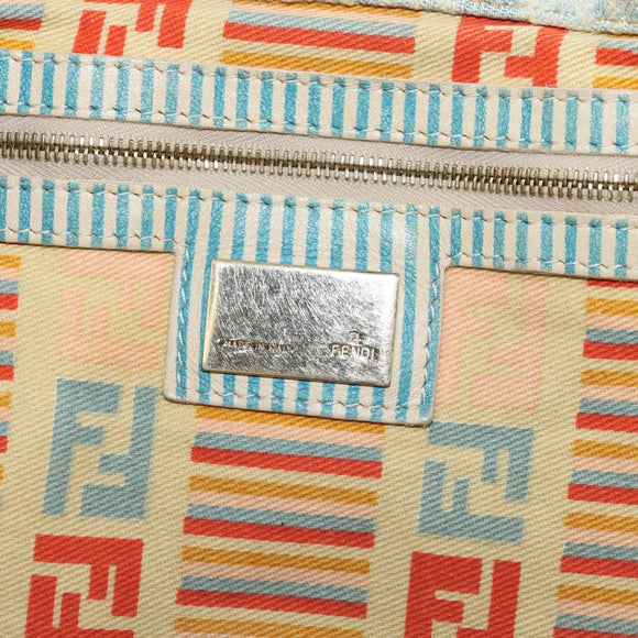 FENDI Zucchino Canvas Mamma Baguette Shoulder Bag Light Blue Gold Auth 142982