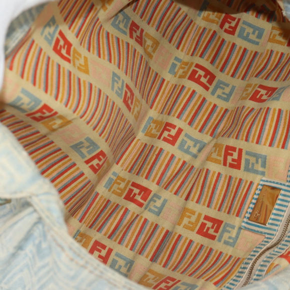 FENDI Zucchino Canvas Mamma Baguette Shoulder Bag Light Blue Gold Auth 142982