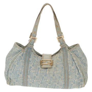 FENDI Zucchino Canvas Mamma Baguette Shoulder Bag Light Blue Gold Auth 142982 - 0