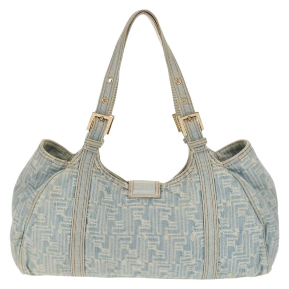 FENDI Zucchino Canvas Mamma Baguette Shoulder Bag Light Blue Gold Auth 142982