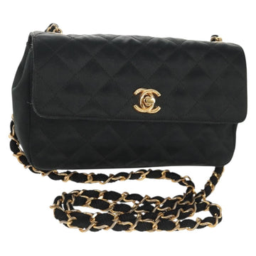 CHANEL Matelasse Chain Shoulder Bag Satin Black Gold CC Auth 142989V