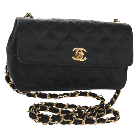CHANEL Matelasse Chain Shoulder Bag Satin Black Gold CC Auth 142989V