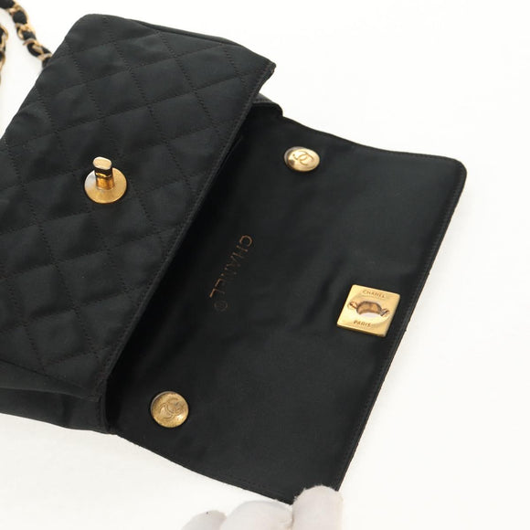 CHANEL Matelasse Chain Shoulder Bag Satin Black Gold CC Auth 142989V