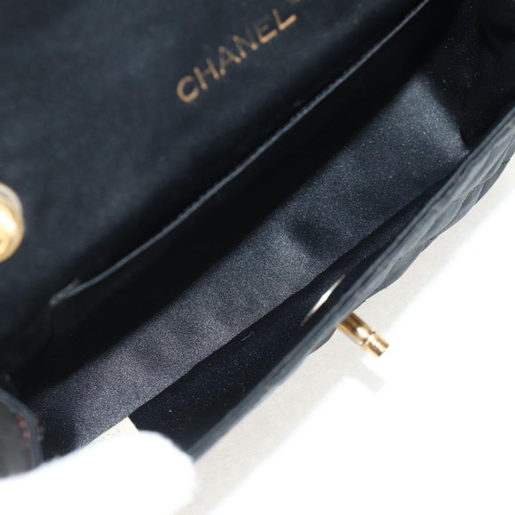 CHANEL Matelasse Chain Shoulder Bag Satin Black Gold CC Auth 142989V
