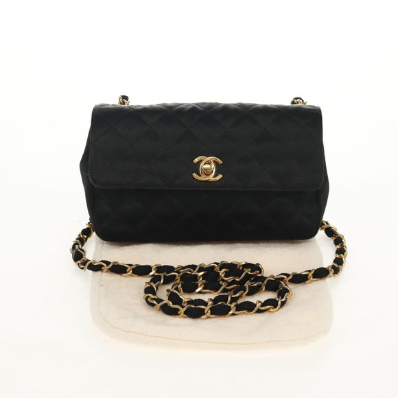 CHANEL Matelasse Chain Shoulder Bag Satin Black Gold CC Auth 142989V