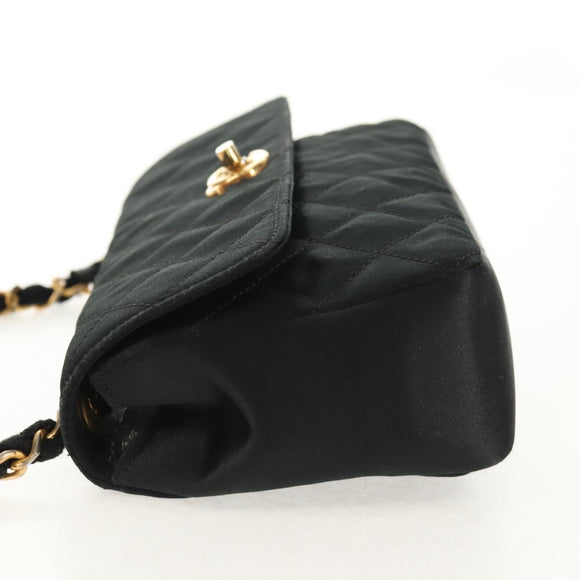 CHANEL Matelasse Chain Shoulder Bag Satin Black Gold CC Auth 142989V