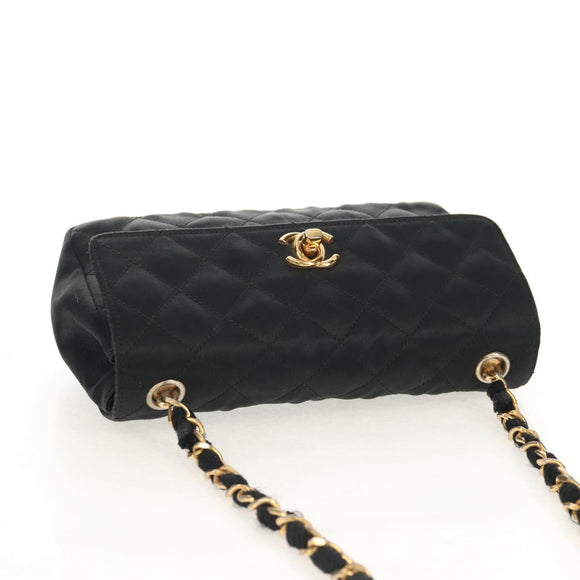 CHANEL Matelasse Chain Shoulder Bag Satin Black Gold CC Auth 142989V
