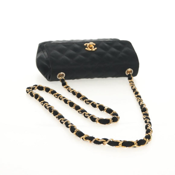 CHANEL Matelasse Chain Shoulder Bag Satin Black Gold CC Auth 142989V