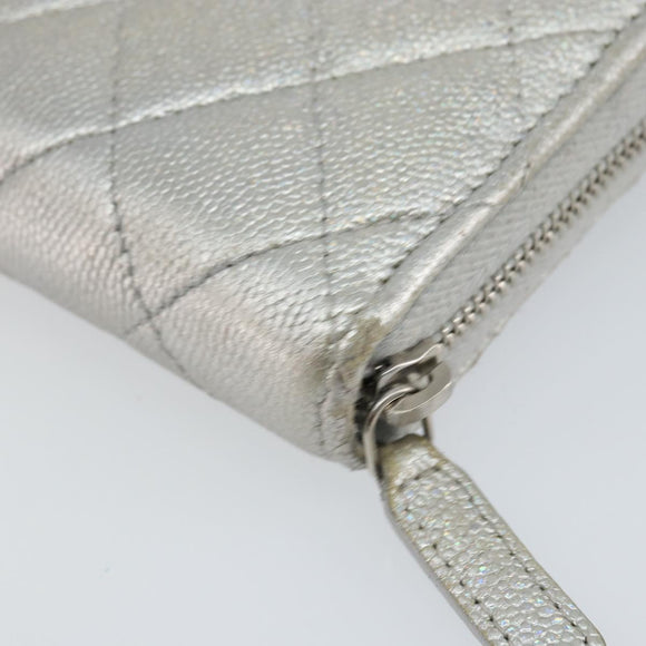 CHANEL Matelasse Long Wallet Caviar Skin Silver CC Auth 143007