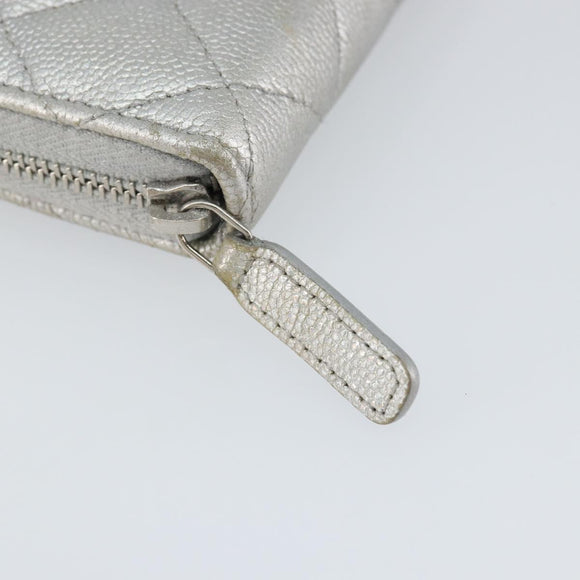 CHANEL Matelasse Long Wallet Caviar Skin Silver CC Auth 143007