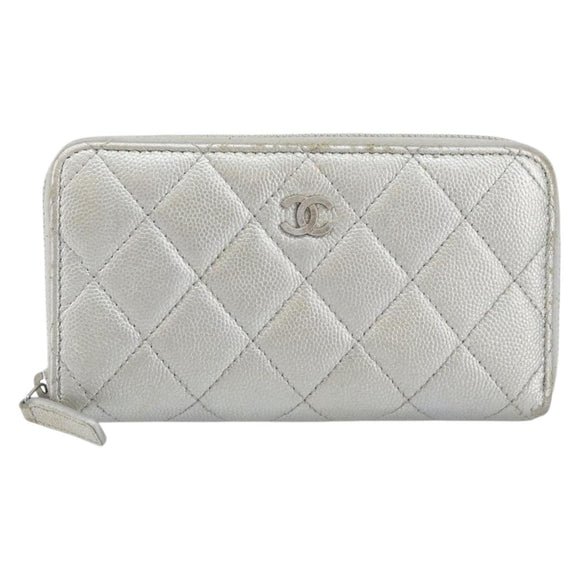 CHANEL Matelasse Long Wallet Caviar Skin Silver CC Auth 143007