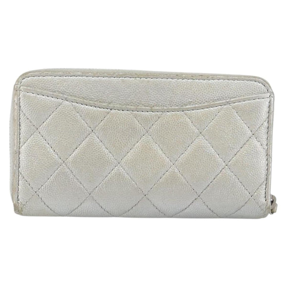 CHANEL Matelasse Long Wallet Caviar Skin Silver CC Auth 143007