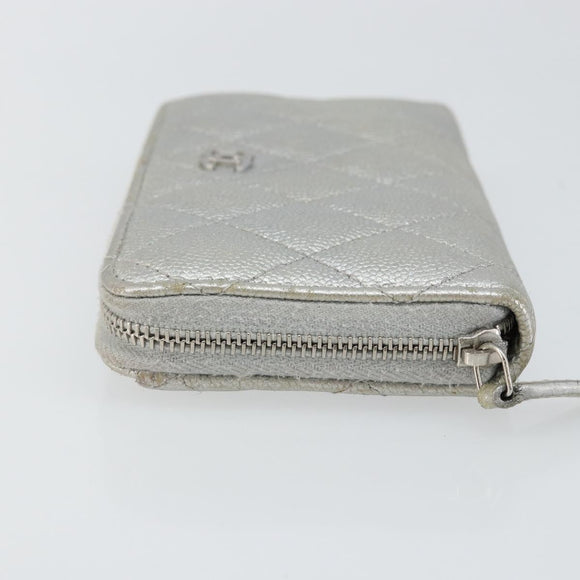CHANEL Matelasse Long Wallet Caviar Skin Silver CC Auth 143007