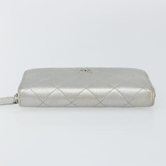 CHANEL Matelasse Long Wallet Caviar Skin Silver CC Auth 143007