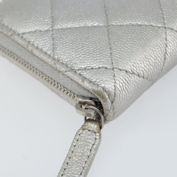 CHANEL Matelasse Long Wallet Caviar Skin Silver CC Auth 143007