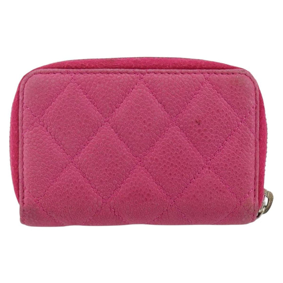 CHANEL Matelasse Coin Purse Caviar Skin Pink Silver CC Auth 143010