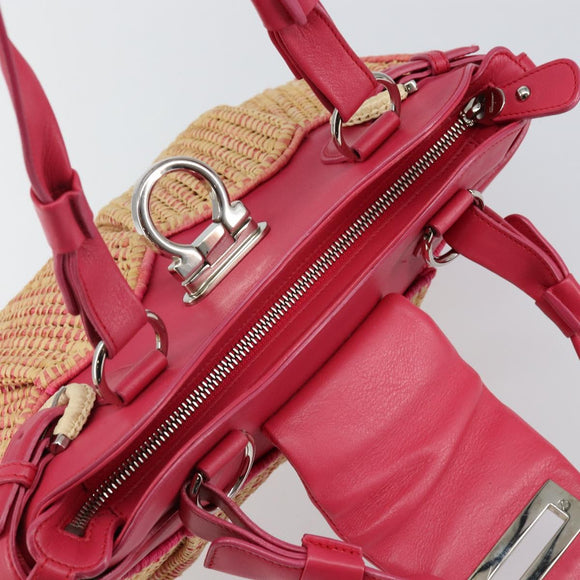 Salvatore Ferragamo Gancini Shoulder Bag Raffia Pink Silver Auth 143084