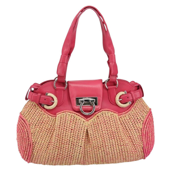 Salvatore Ferragamo Gancini Shoulder Bag Raffia Pink Silver Auth 143084