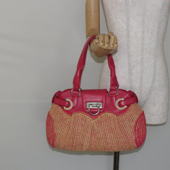 Salvatore Ferragamo Gancini Shoulder Bag Raffia Pink Silver Auth 143084
