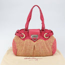 Salvatore Ferragamo Gancini Shoulder Bag Raffia Pink Silver Auth 143084-12