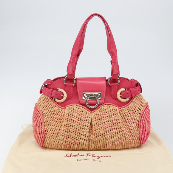 Salvatore Ferragamo Gancini Shoulder Bag Raffia Pink Silver Auth 143084