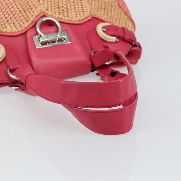 Salvatore Ferragamo Gancini Shoulder Bag Raffia Pink Silver Auth 143084