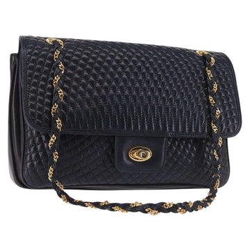 BALLY Chain Shoulder Bag Leather Navy Gold Auth 143089