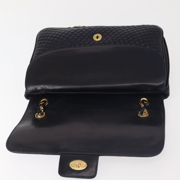 BALLY Chain Shoulder Bag Leather Navy Gold Auth 143089