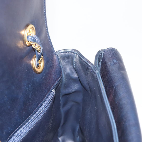 BALLY Chain Shoulder Bag Leather Navy Gold Auth 143089