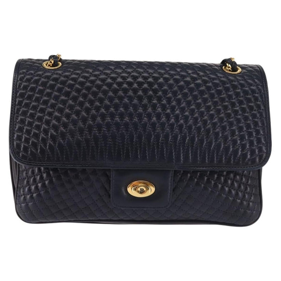 BALLY Chain Shoulder Bag Leather Navy Gold Auth 143089