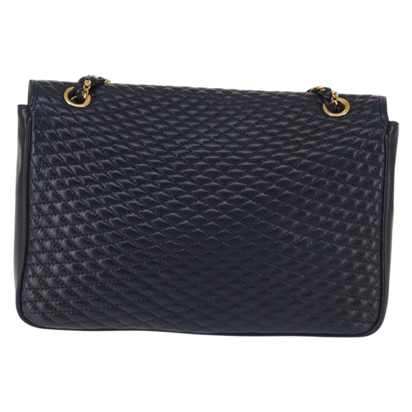BALLY Chain Shoulder Bag Leather Navy Gold Auth 143089