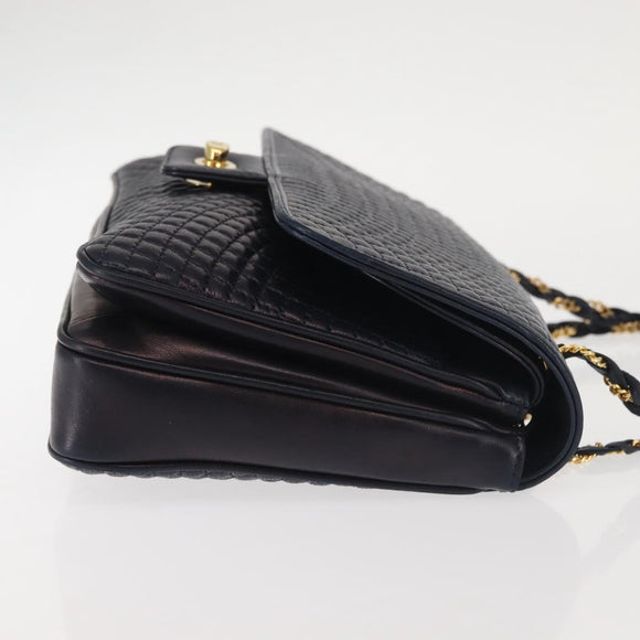 BALLY Chain Shoulder Bag Leather Navy Gold Auth 143089