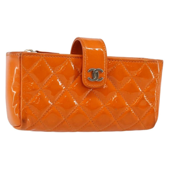 CHANEL Matelasse Pouch Patent leather Orange CC Auth 143091