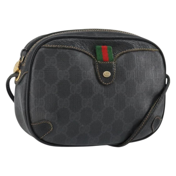 GUCCI GG Supreme Web Sherry Line Bag PVC Black Gold 156 02 066 Auth 143126