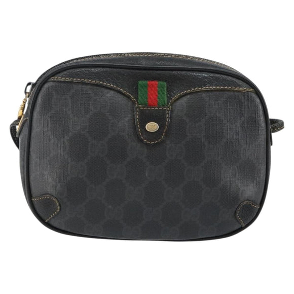 GUCCI GG Supreme Web Sherry Line Bag PVC Black Gold 156 02 066 Auth 143126